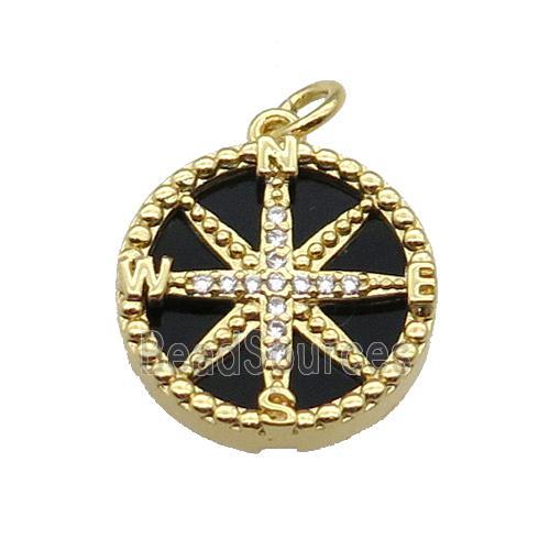 copper Compass pendant pave zircon black stone gold plated