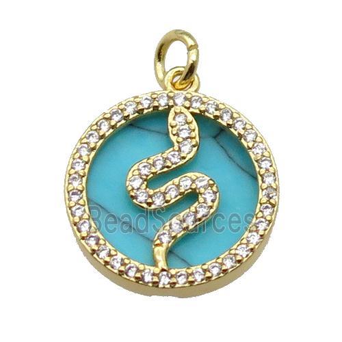 copper circle snake pendant pave zircon turquoise gold plated