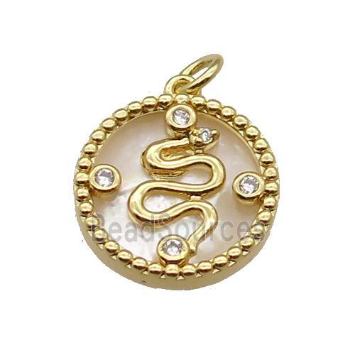 copper circle snake pendant pave zircon shell gold plated