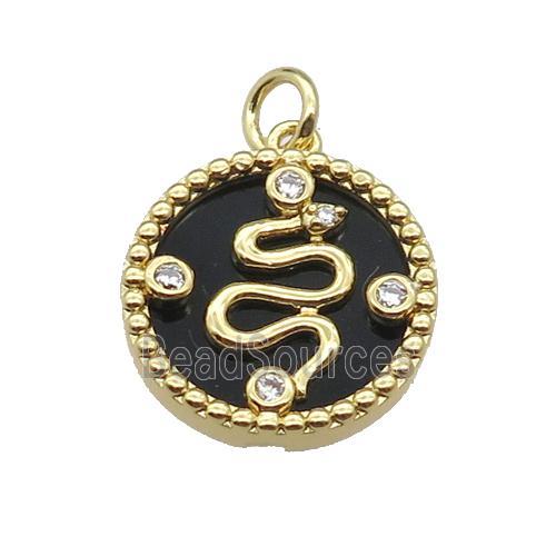 copper circle snake pendant pave zircon black stone gold plated