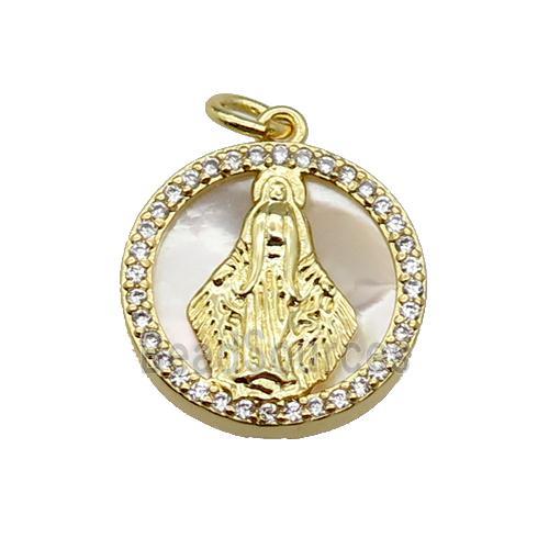 copper circle pendant pave zircon shell Virgin Mary gold plated