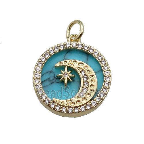 copper circle pendant pave zircon turquoise Moon gold plated