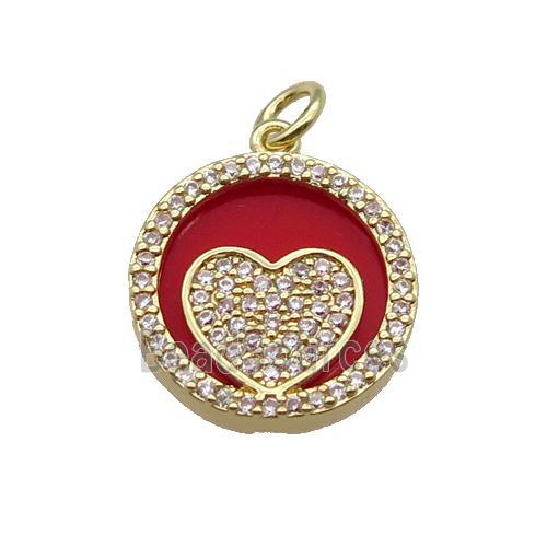 copper circle pendant pave zircon red stone Heart gold plated