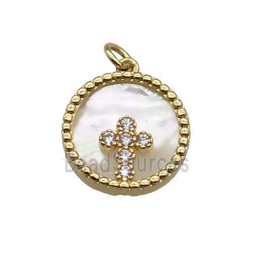 copper circle pendant pave zircon shell Cross gold plated