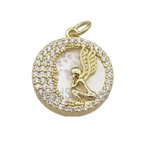 copper circle pendant pave zircon shell Angel gold plated