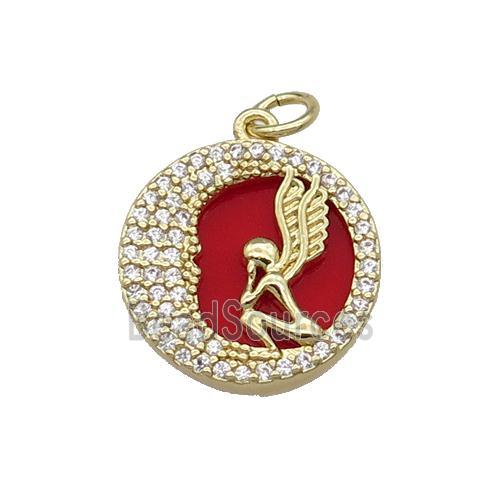 copper circle pendant pave zircon red stone Angel gold plated