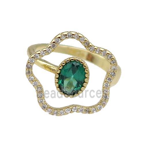 copper Ring pave zircon green Flower gold plated