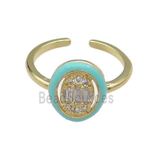 copper Ring pave zircon green enamel oval gold plated