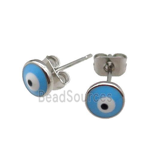 copper Evil Eye Stud Earring blue enamel platinum plated