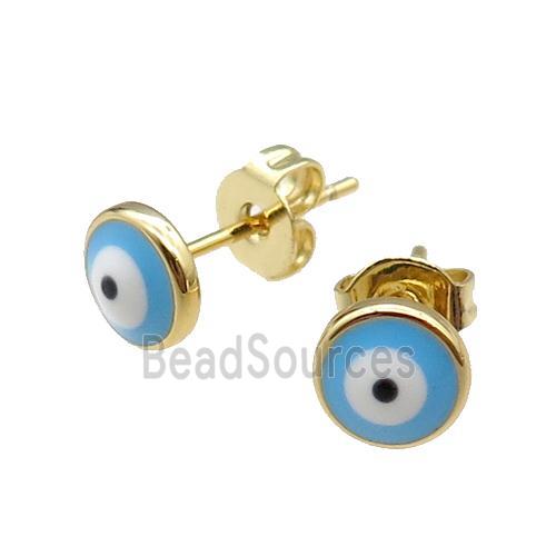 copper Evil Eye Stud Earring blue enamel gold plated