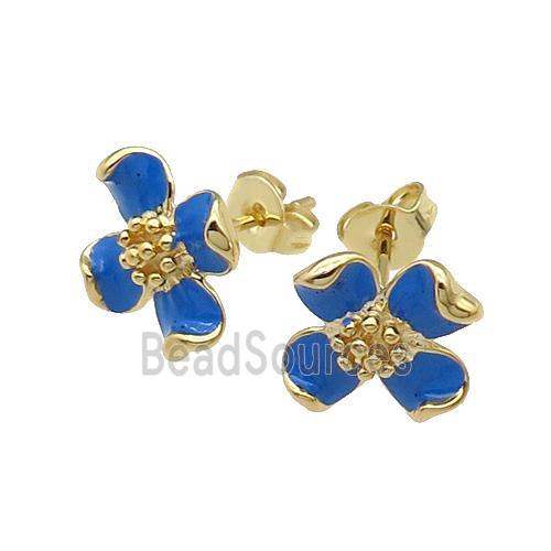 copper Flower Stud Earring with blue enamel gold plated