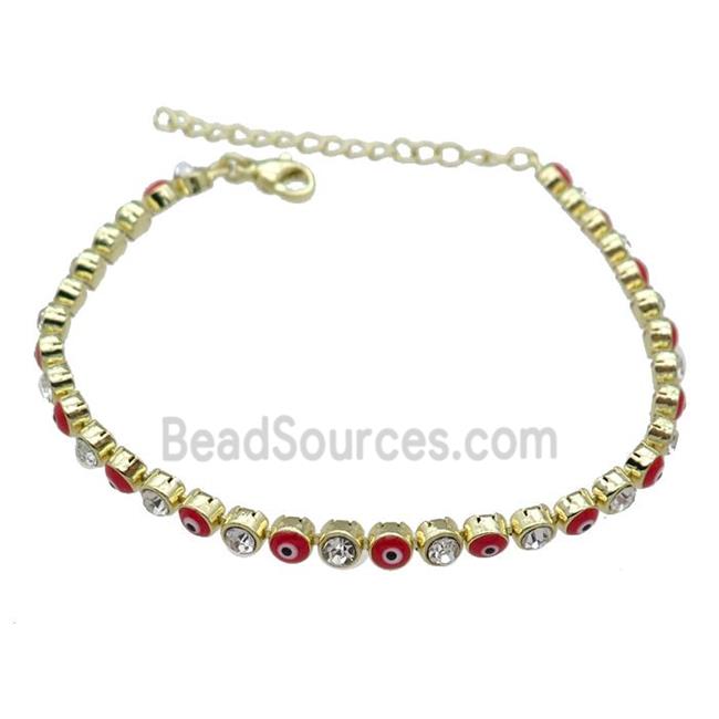 Copper Red Enamel Evil Eye Bracelet Pave Zircon Gold Plated