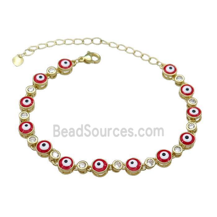 Copper Red Enamel Evil Eye Bracelet Pave Zircon Gold Plated