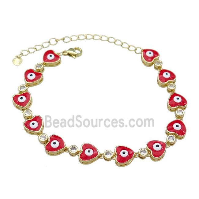 Copper Heart Red Enamel Evil Eye Bracelet Pave Zircon Gold Plated