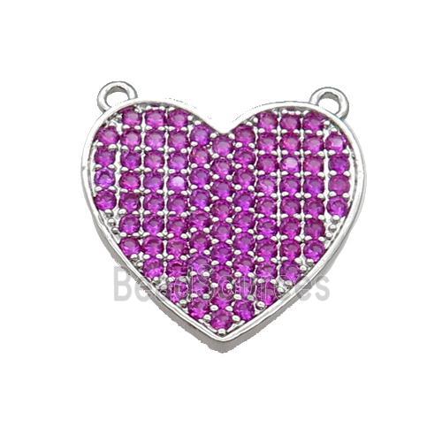 Copper Heart Pendant Pave Hotpink Zircon With 2loops Platinum Plated