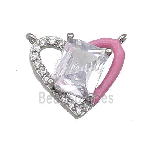 Copper Heart Pendant Pave Zircon Pink Enamel Platinum Plated