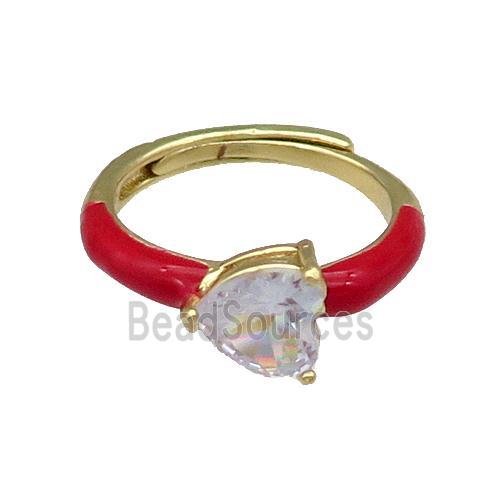 Copper Ring Heart Red Enamel Adjustable Gold Plated