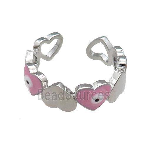 Copper Heart Ring Pink Enamel Evil Eye Platinum Plated