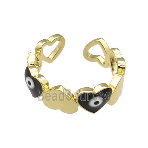 Copper Heart Ring Black Enamel Evil Eye Gold Plated