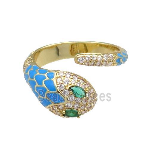 Copper Snake Ring Pave Zircon Blue Enamel Gold Plated