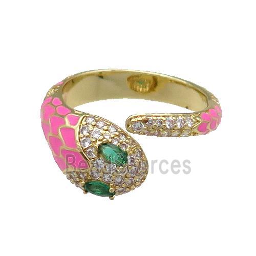 Copper Snake Ring Pave Zircon Pink Enamel Gold Plated