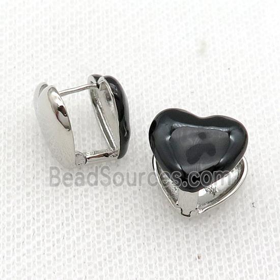 Copper Latchback Earring Black Enamel Heart Platinum Plated