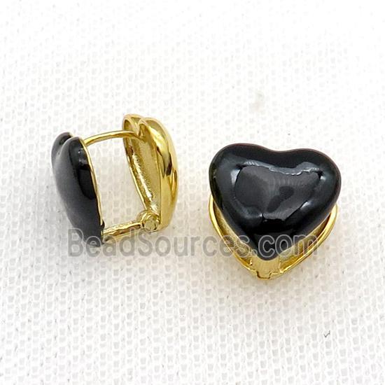 Copper Latchback Earring Black Enamel Heart Gold Plated