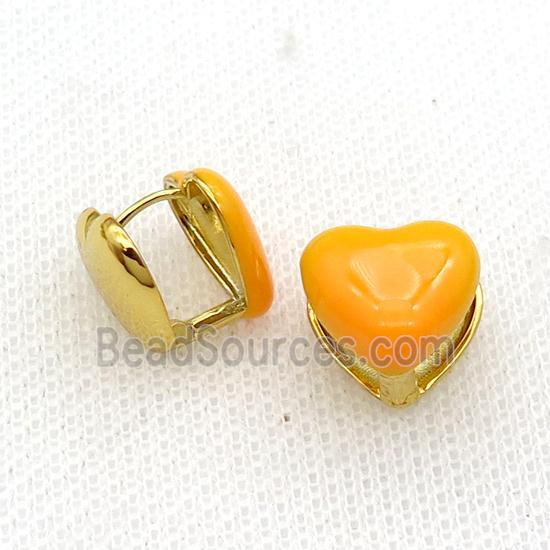 Copper Latchback Earring Orange Enamel Heart Gold Plated