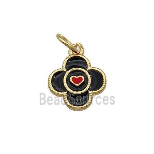 Copper Clover Pendant Black Enamel Heart Gold Plated