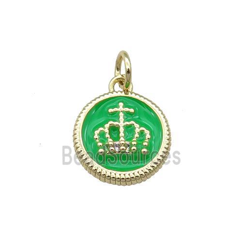 Copper Circle Crown Pendant Green Enamel Gold Plated