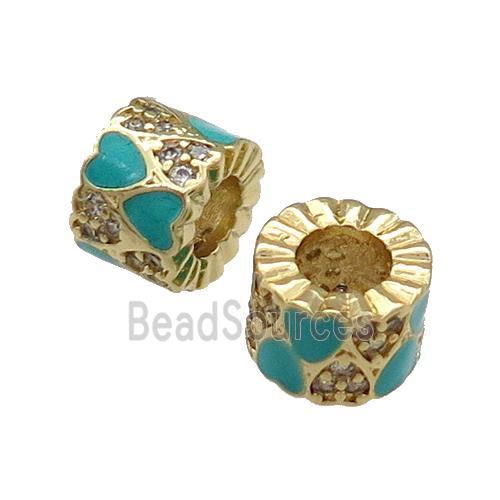 Copper Tube Beads Pave Zircon Green Enamel Large Hole Gold Plated