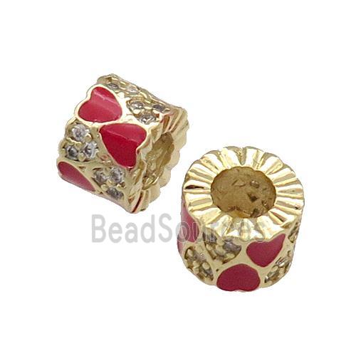 Copper Tube Beads Pave Zircon Red Enamel Large Hole Gold Plated