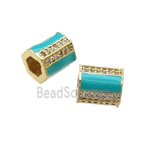 Copper Tube Beads Pave Zircon Green Enamel Large Hole Gold Plated