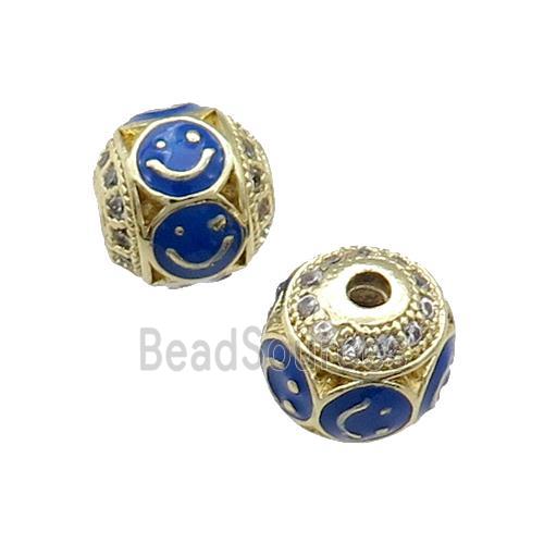 Copper Round Beads Pave Zircon Blue Enamel Emoji Gold Plated