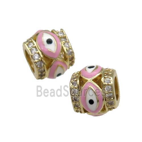 Copper Tube Beads Pave Zircon Pink Enamel Evil Eye Large Hole Gold Plated