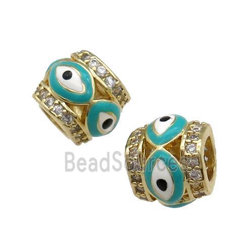 Copper Tube Beads Pave Zircon Green Enamel Evil Eye Large Hole Gold Plated