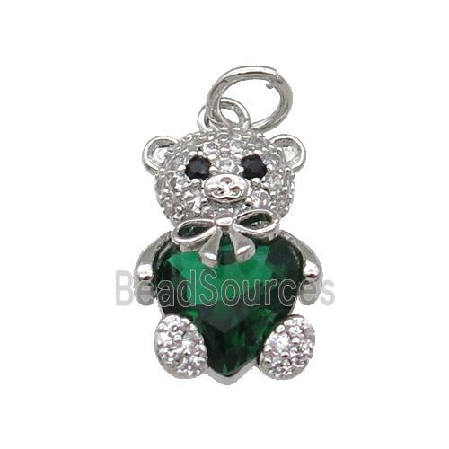 Copper Bear Charm Pendant Pave Zircon Green Platinum Plated