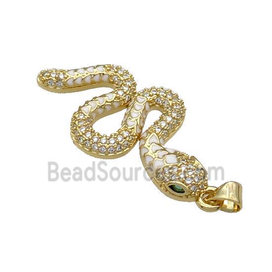 Copper Snake Charm Pendant Pave Zircon White Enamel Gold Plated