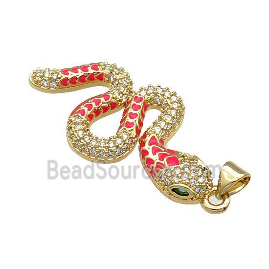 Copper Snake Charm Pendant Pave Zircon Red Enamel Gold Plated