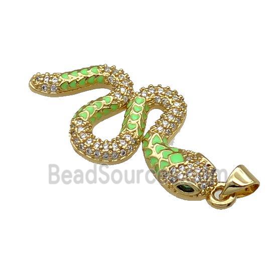 Copper Snake Charm Pendant Pave Zircon Green Enamel Gold Plated