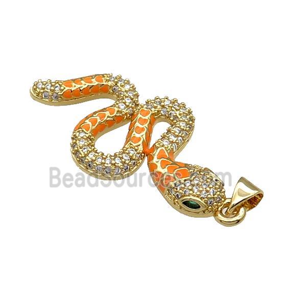 Copper Snake Charm Pendant Pave Zircon Orange Enamel Gold Plated