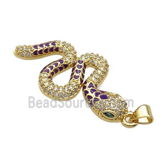 Copper Snake Charm Pendant Pave Zircon Purple Enamel Gold Plated