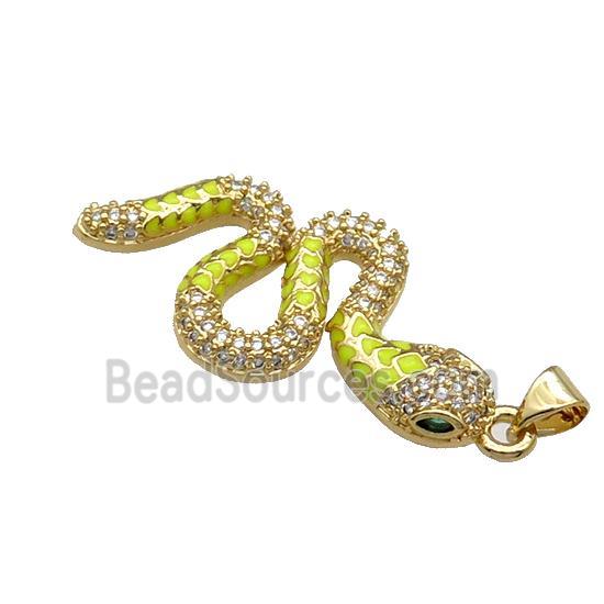 Copper Snake Charm Pendant Pave Zircon Yellow Enamel Gold Plated