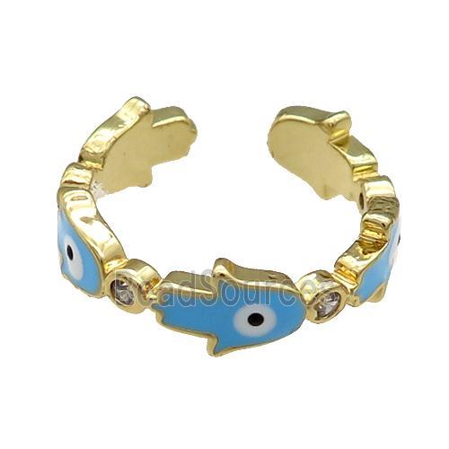 Copper Hamsahand Ring Blue Enamel Evil Eye Gold Plated