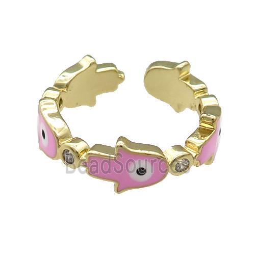 Copper Hamsahand Ring Pink Enamel Evil Eye Gold Plated