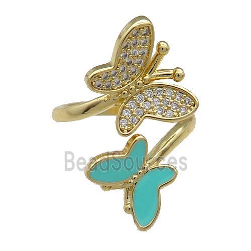 Copper Butterfly Ring Pave Zircon Green Enamel Gold Plated