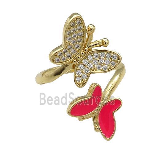 Copper Butterfly Ring Pave Zircon Red Enamel Gold Plated