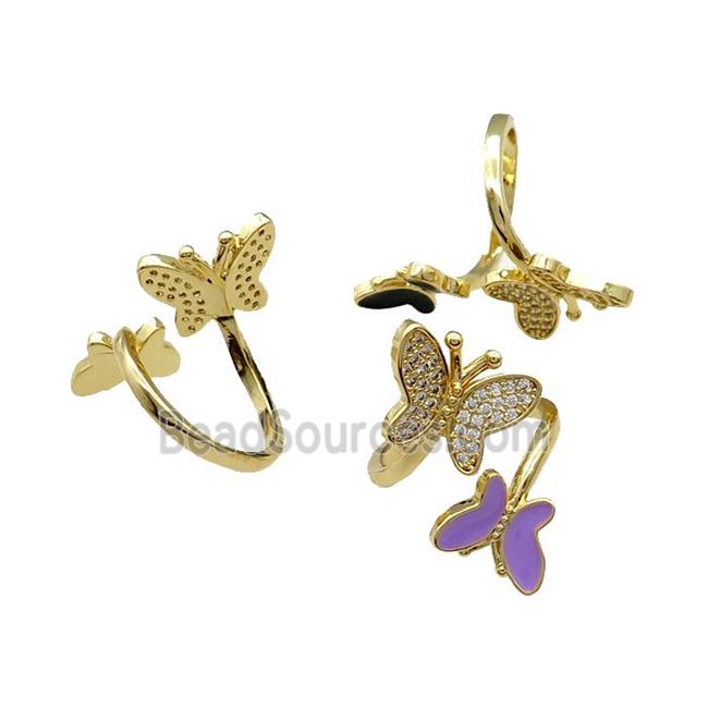 Copper Butterfly Ring Pave Zircon Enamel Gold Plated Mixed