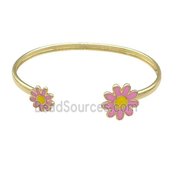 Copper Bangle Pink Daisy Enamel Flower Gold Plated