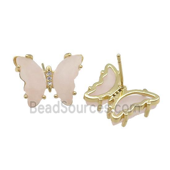 Pink Rose Quartz Butterfly Stud Earring Gold Plated